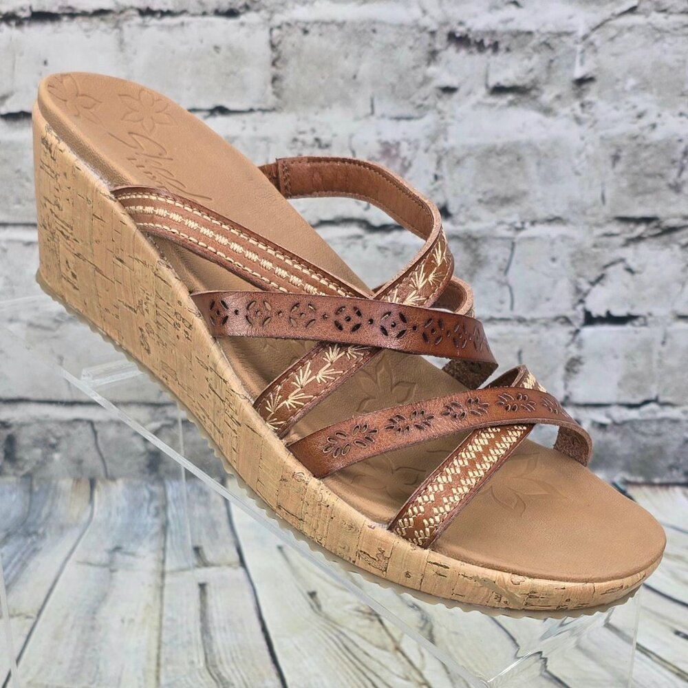 SKECHERS Beverlee Sandals Women 9 Brown Strappy Wedge Summer Comfy BOHO Shoe